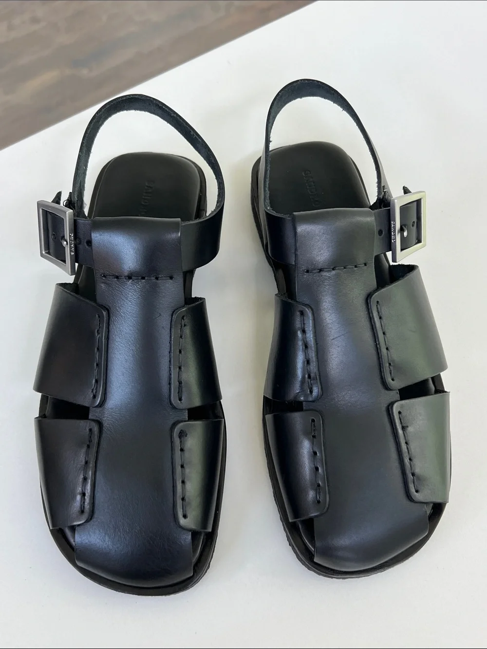 Sandro black leather roman meduse sandals size 44 USA 11